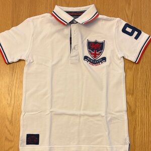 Kids Next Cream/Off White Polo Shirt with Navy & Red Trim - size 6 years